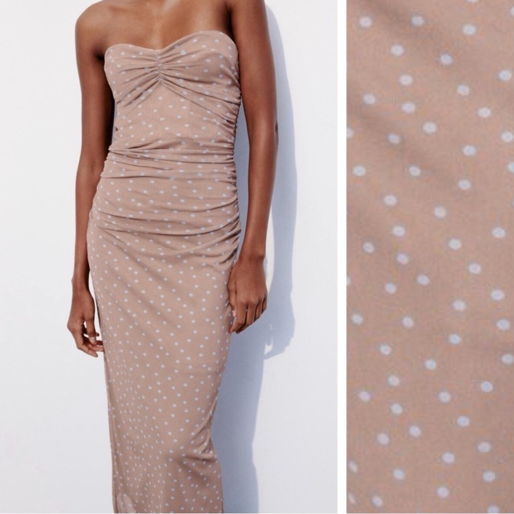 Zara Strapless Tan Polka Dot Dress - Picture 2 of 5